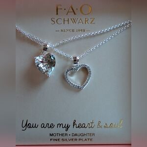FAO Schwarz Fine Silver Plate Heart Necklace Set